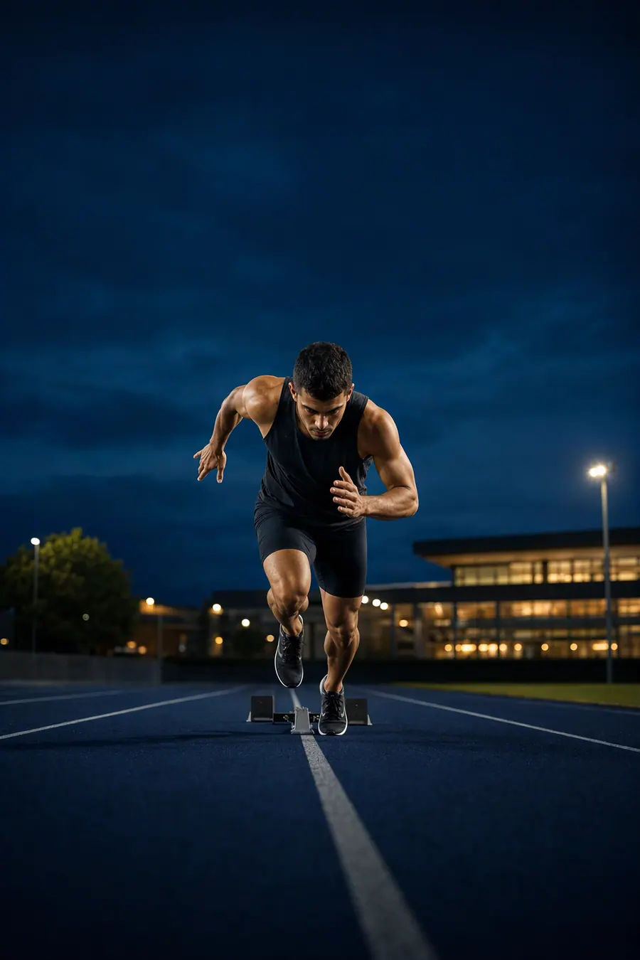 A sprinter drives out of the starting blocks at dusk