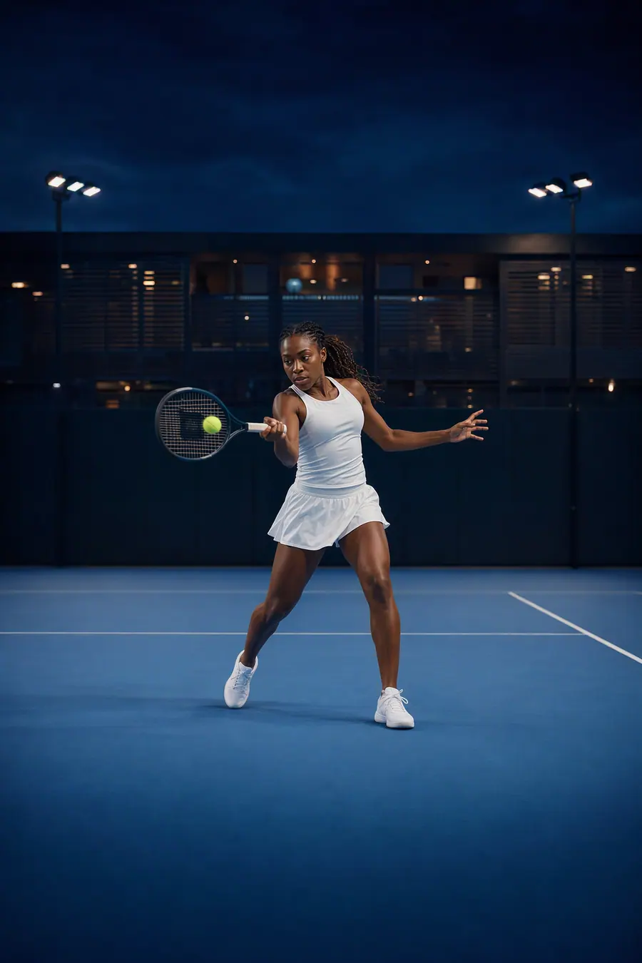A tennis player hits a forehand on a blue court at dusk